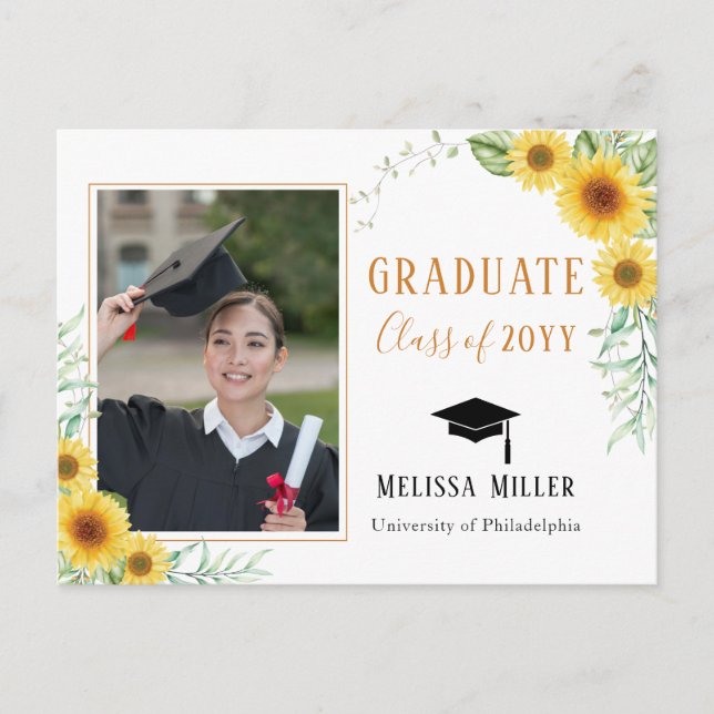 Sunflowers Elegant Graduation photo Holiday Postcard (Front)