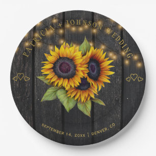Sunflowers elegant rustic wood lights wedding paper plate