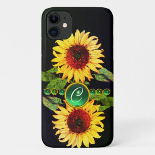 SUNFLOWERS,EMERALD GREEN GEMSTONES FLORAL MONOGRAM iPhone 11 CASE