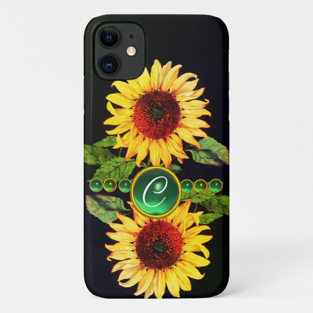 SUNFLOWERS,EMERALD GREEN GEMSTONES FLORAL MONOGRAM Case-Mate iPhone CASE (Back)