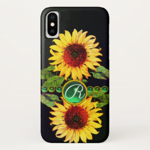 SUNFLOWERS,EMERALD GREEN GEMSTONES FLORAL MONOGRAM iPhone X CASE