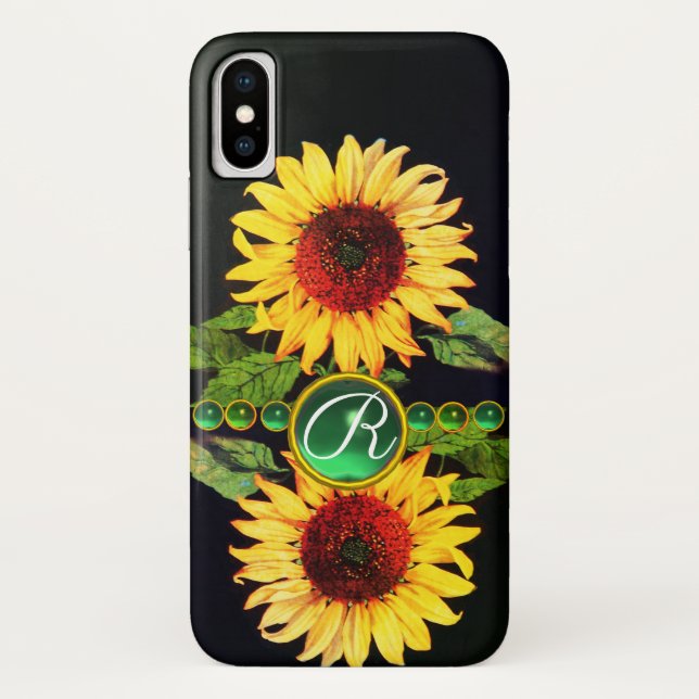 SUNFLOWERS,EMERALD GREEN GEMSTONES FLORAL MONOGRAM Case-Mate iPhone CASE (Back)