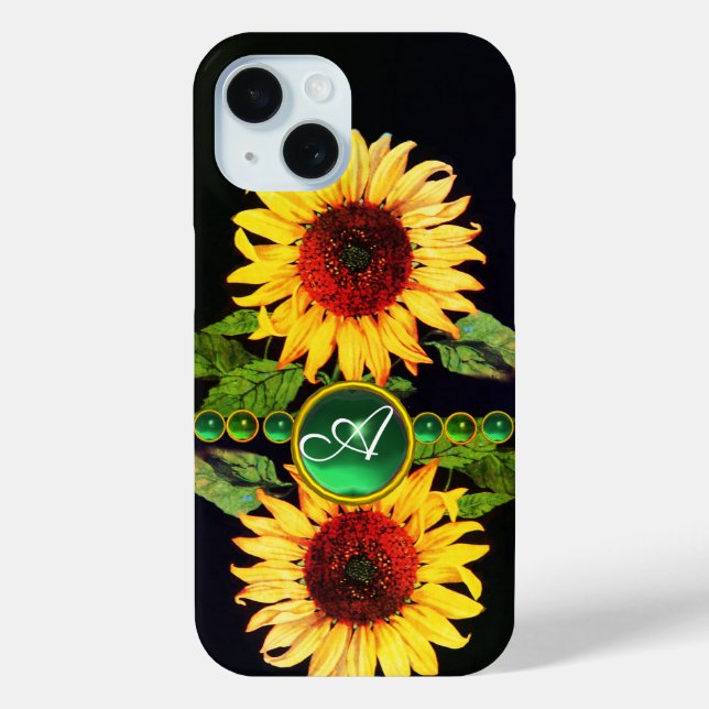 SUNFLOWERS,EMERALD GREEN GEMSTONES FLORAL MONOGRAM Case-Mate iPhone CASE (Back)
