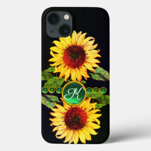 SUNFLOWERS,EMERALD GREEN GEMSTONES FLORAL MONOGRAM iPhone 13 CASE