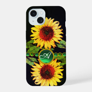 SUNFLOWERS,EMERALD GREEN GEMSTONES FLORAL MONOGRAM iPhone 15 CASE