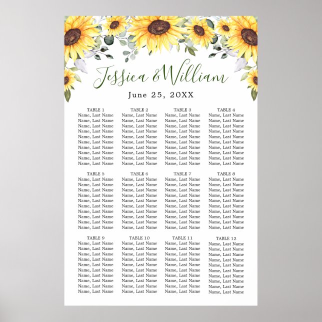 Sunflowers Eucalyptus 12 Tables SEATING CHART (Front)