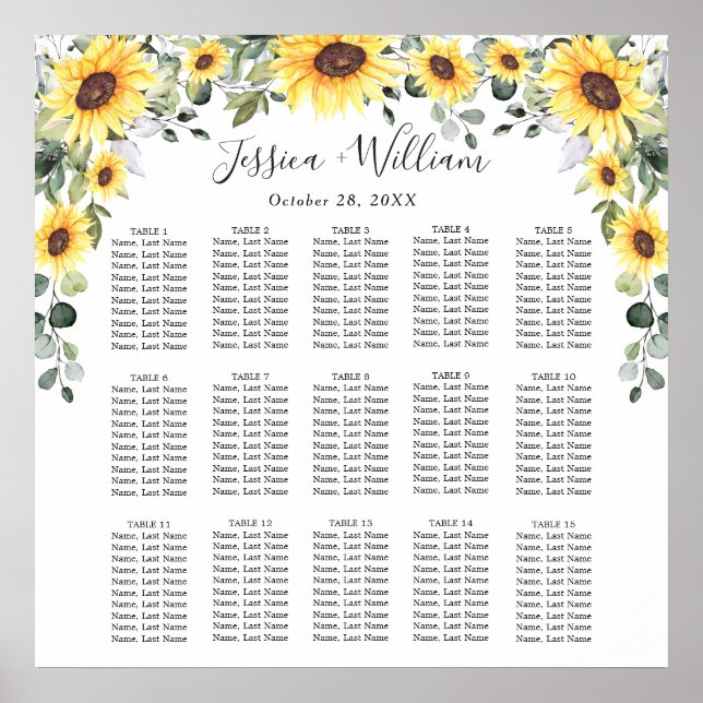 Sunflowers Eucalyptus 15 Tables SEATING CHART (Front)