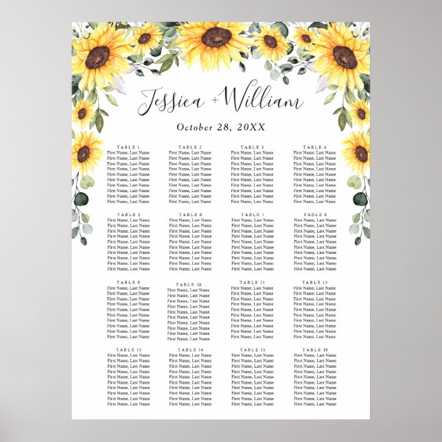 Sunflowers Eucalyptus 16 Tables SEATING CHART (Front)
