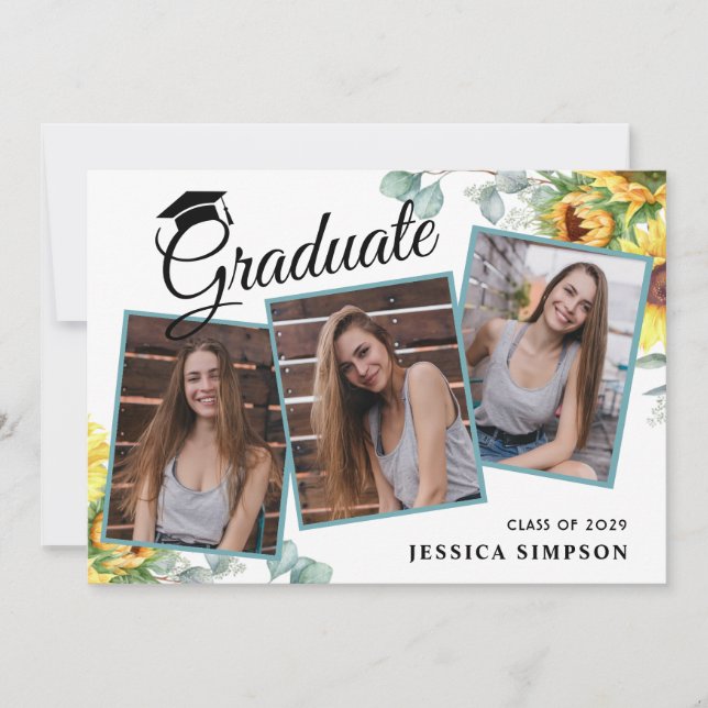 Sunflowers Eucalyptus 3 PHOTO Graduation Party Invitation (Front)