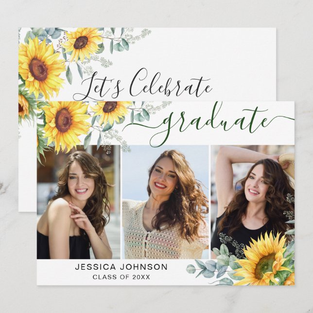 Sunflowers Eucalyptus 3 PHOTO Graduation Party Invitation (Front/Back)