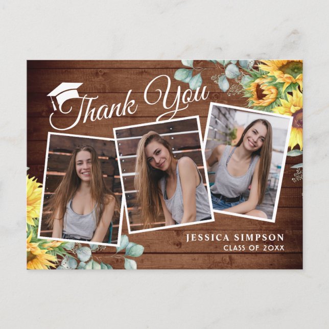 Sunflowers Eucalyptus 3 PHOTO Graduation Thank You Announcement Postcard (Front)