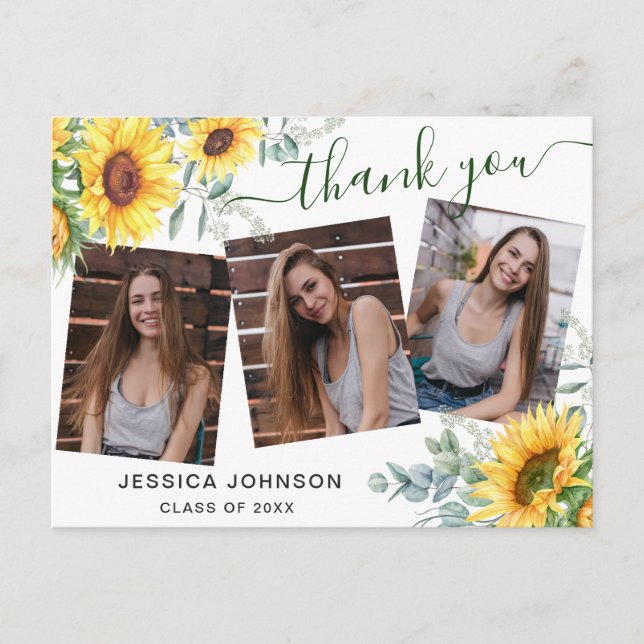 Sunflowers Eucalyptus 3 PHOTO Graduation Thank You Postcard (Front)