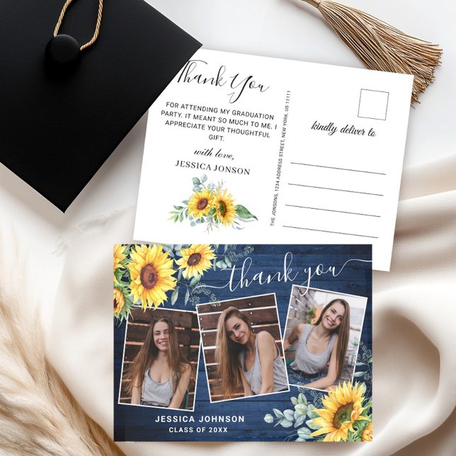 Sunflowers Eucalyptus 3 PHOTO Graduation Thank You Postcard (Creator Uploaded)