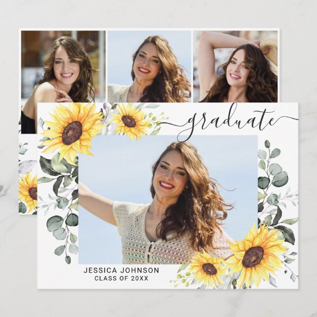 Sunflowers Eucalyptus 4 PHOTO Graduation Party Invitation (Front/Back)