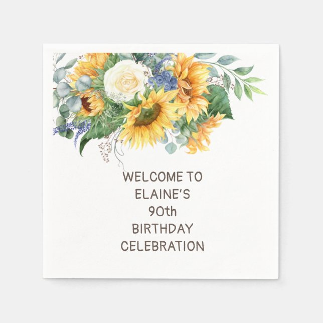 Sunflowers Eucalyptus 90th Birthday Napkin (Front)