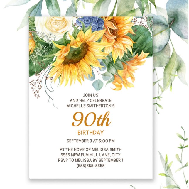 Sunflowers Eucalyptus 90th Birthday Postcard (Sunflowers and eucalyptus leaves women's 90th birthday party invitation)