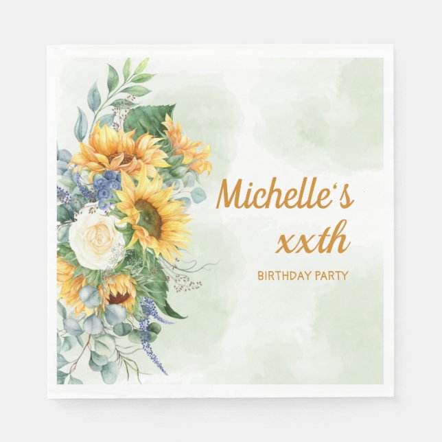 Sunflowers Eucalyptus Any Age Birthday Party Napkin (Front)
