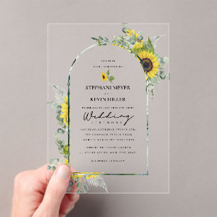 Sunflowers & Eucalyptus Arched Wedding Acrylic Invitations