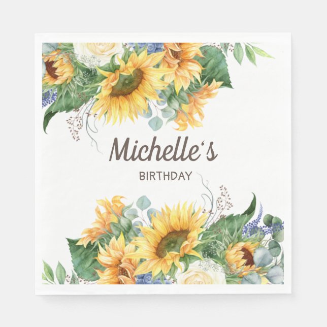 Sunflowers Eucalyptus Birthday Party Name White Napkin (Front)
