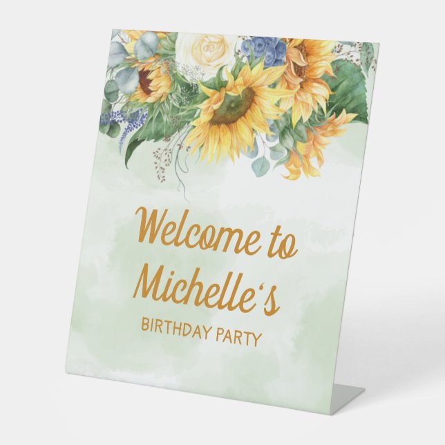 Sunflowers Eucalyptus Birthday Party Welcome  Pedestal Sign (Front)