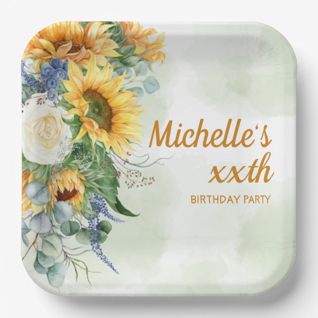 Sunflowers Eucalyptus Botanical Woman's Birthday  Paper Plate (Front)