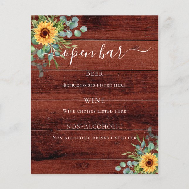 Sunflowers eucalyptus brown wood bar menu (Front)