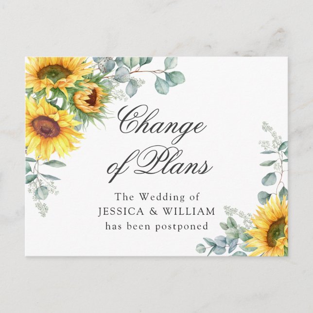 Sunflowers Eucalyptus Chic Wedding Change of Plans Postcard (Front)