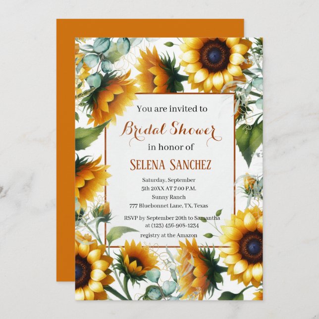 Sunflowers Eucalyptus Floral Bride Bridal Shower  Invitation (Front/Back)