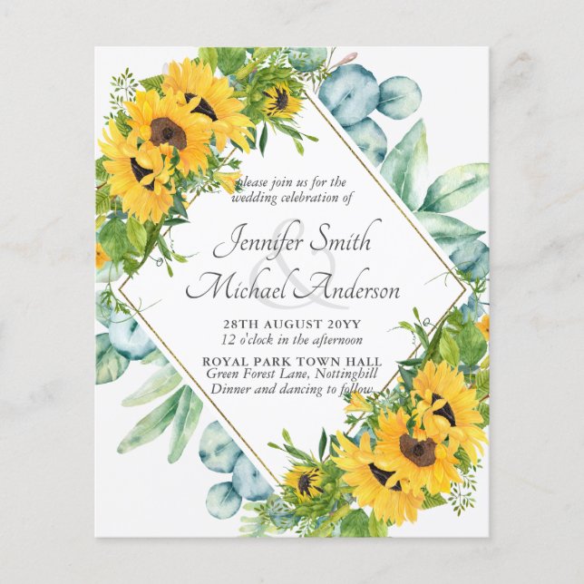 Sunflowers Eucalyptus Floral Leaves Wedding Invite (Front)