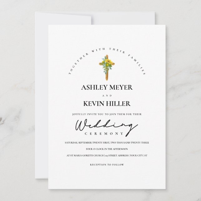 Sunflowers & Eucalyptus Foliage Wood Wedding Invitation (Front)