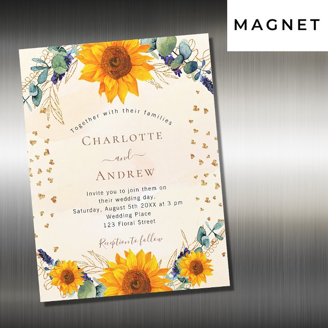 Sunflowers eucalyptus gold hearts luxury wedding magnetic invitation (Creator Uploaded)