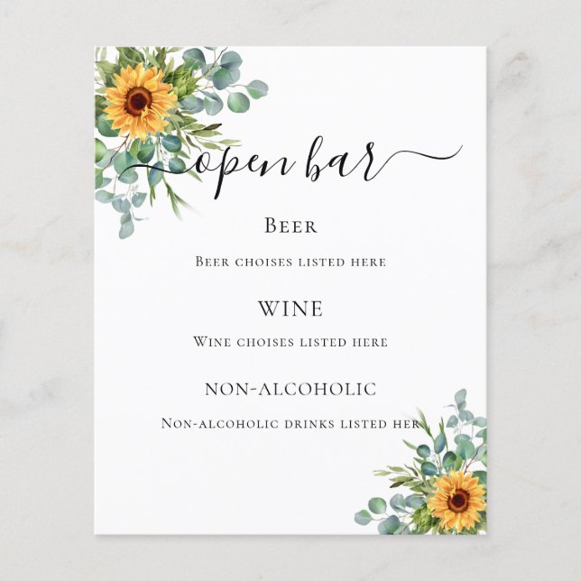 Sunflowers eucalyptus greenery bar menu (Front)