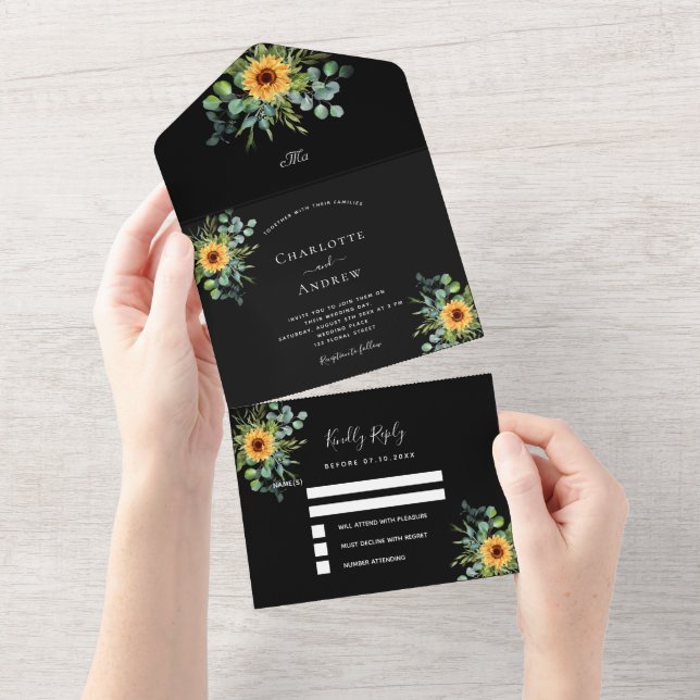 Sunflowers eucalyptus greenery black wedding all in one invitation (Tearaway)