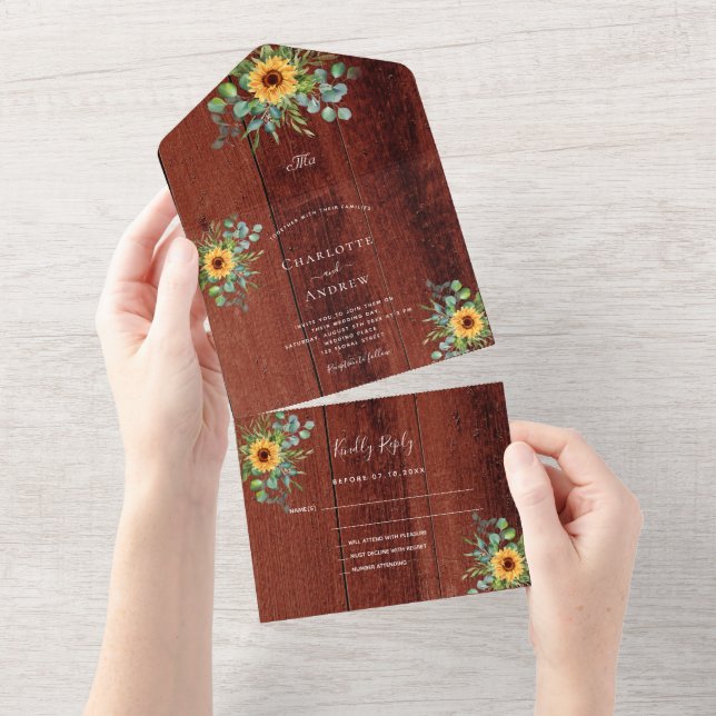 Sunflowers eucalyptus greenery brown wood wedding all in one invitation (Tearaway)