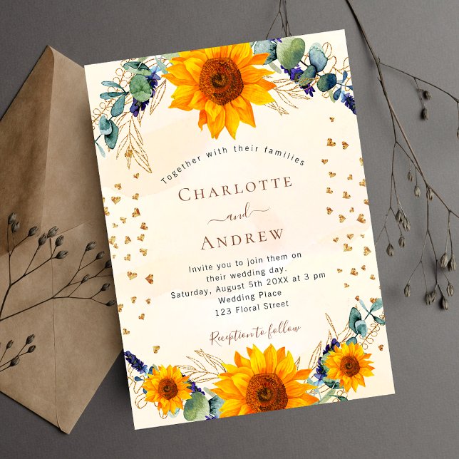 Sunflowers eucalyptus greenery gold hearts wedding invitation postcard (Creator Uploaded)