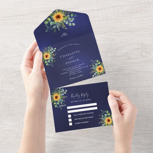 Sunflowers eucalyptus greenery navy blue wedding all in one invitation (Tearaway)