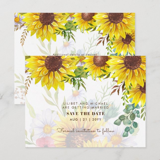 Sunflowers Eucalyptus Greenery Wedding SAVE DATES Postcard (Front/Back)