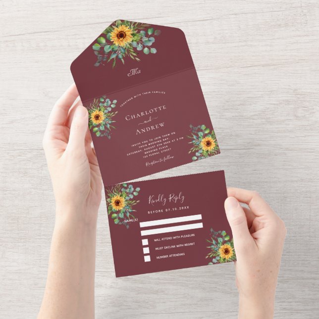 Sunflowers eucalyptus greenery wine red wedding all in one invitation (Tearaway)