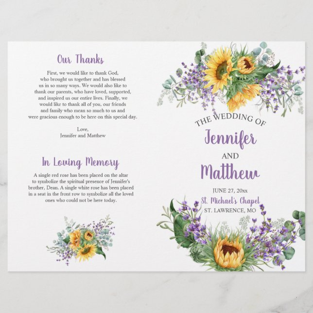 Sunflowers, Eucalyptus, Lavender Wedding Program (Front)