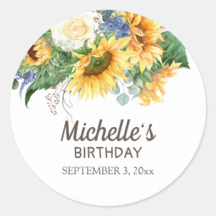 Sunflowers Eucalyptus Leaves Birthday Party Name  Classic Round Sticker