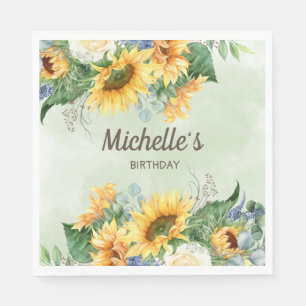 Sunflowers Eucalyptus Leaves Birthday Party Name Napkin