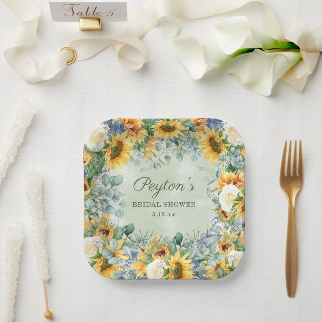 Sunflowers Eucalyptus Leaves Bridal Shower Square Paper Plate (Wedding)