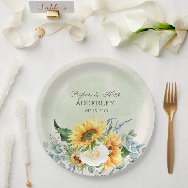 Sunflowers Eucalyptus Leaves Wedding Reception Paper Plate (Wedding)