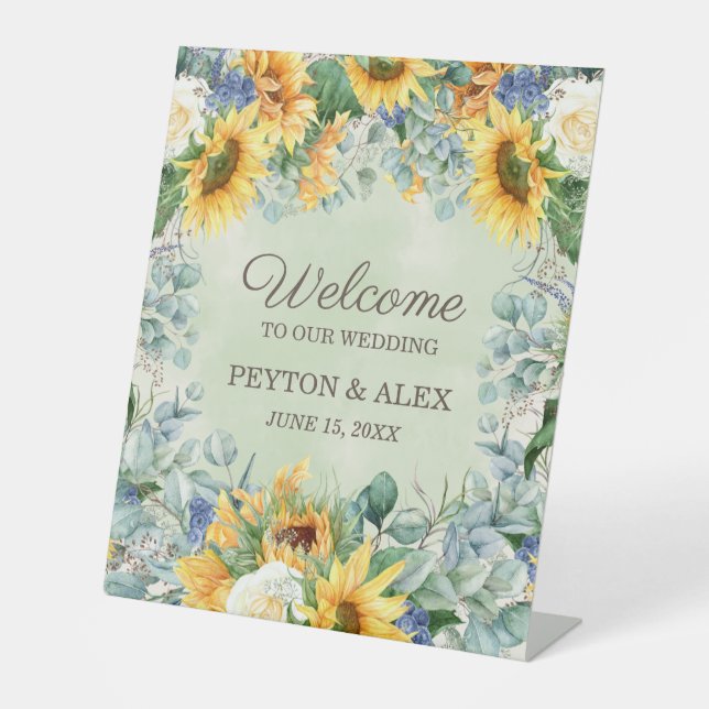 Sunflowers Eucalyptus Leaves Wedding Welcome Pedestal Sign (Front)