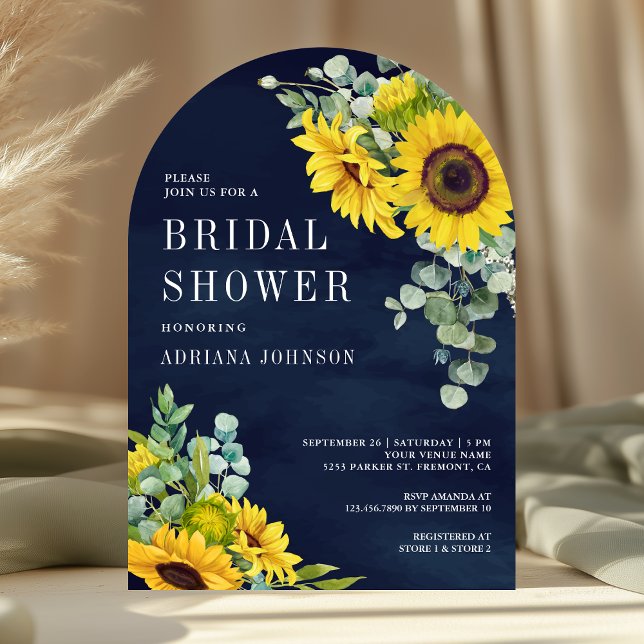 Sunflowers Eucalyptus Navy Blue Arch Bridal Shower Invitation (Creator Uploaded)