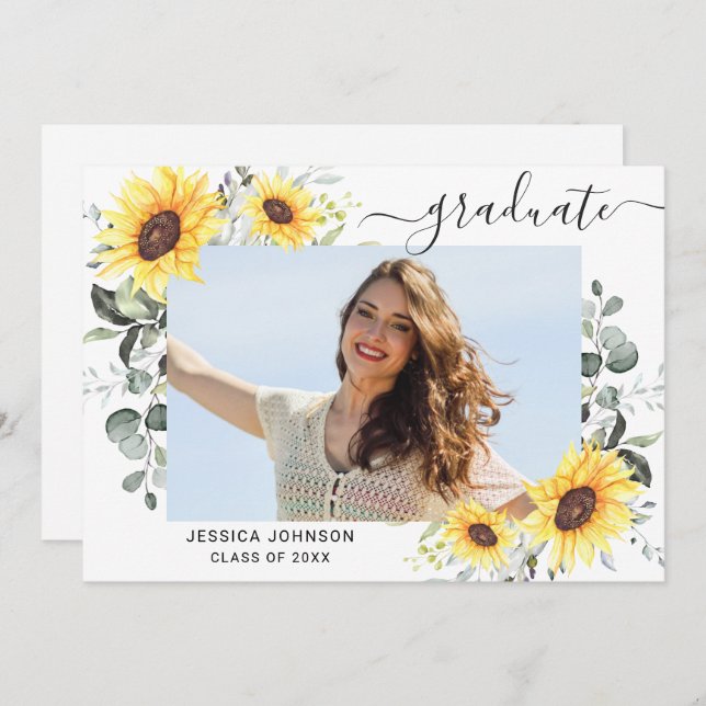Sunflowers Eucalyptus PHOTO Grad Graduation Party  Invitation (Front/Back)
