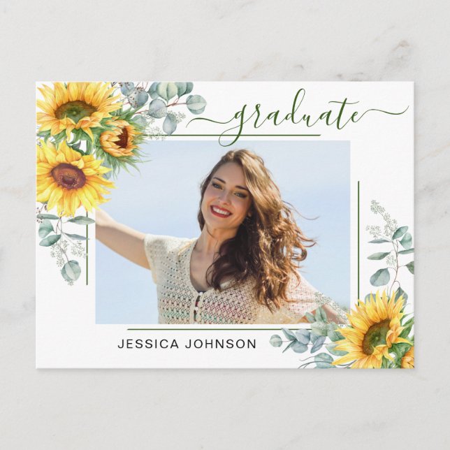 Sunflowers Eucalyptus PHOTO Graduation Party Announcement Postcard (Front)