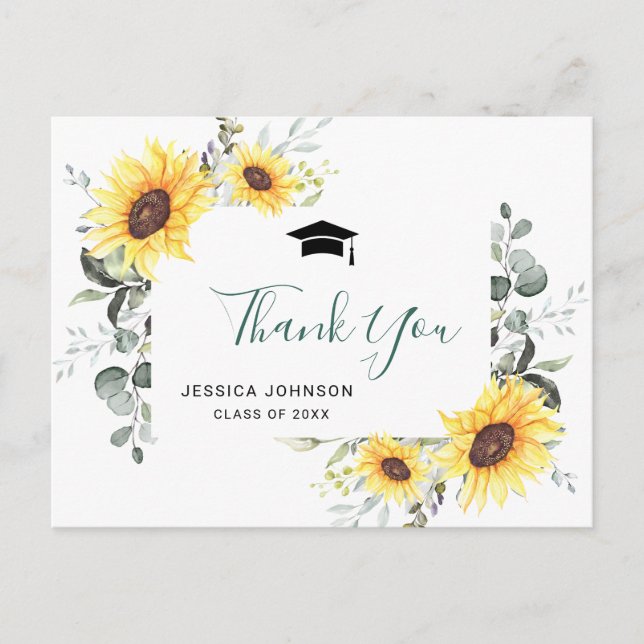 Sunflowers Eucalyptus PHOTO Graduation Thank You Announcement Postcard (Front)
