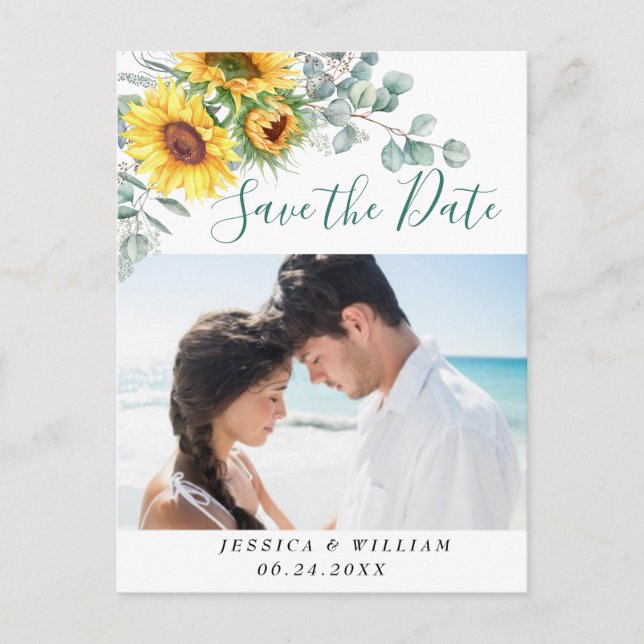 Sunflowers Eucalyptus PHOTO Wedding Save the Date Postcard (Front)