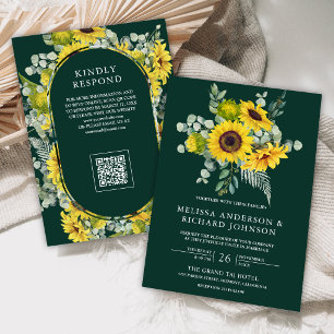 Sunflowers Eucalyptus QR Code Emerald Wedding Invitation